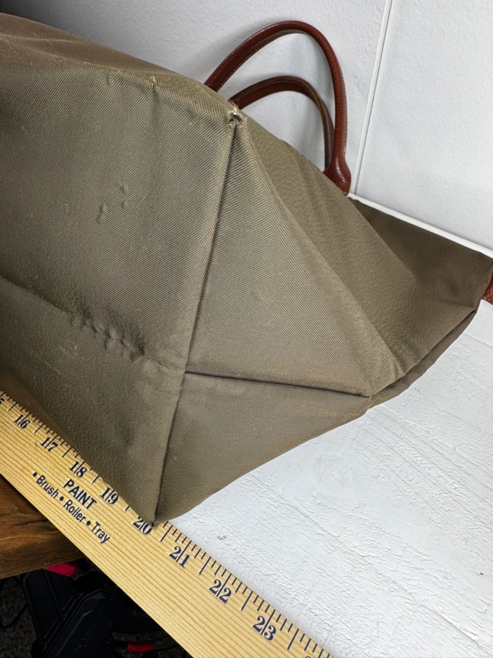 Longchamp Le Pliage Large Tote Olive Green Nylon Brown Leather Authentic - Picture 7 of 15